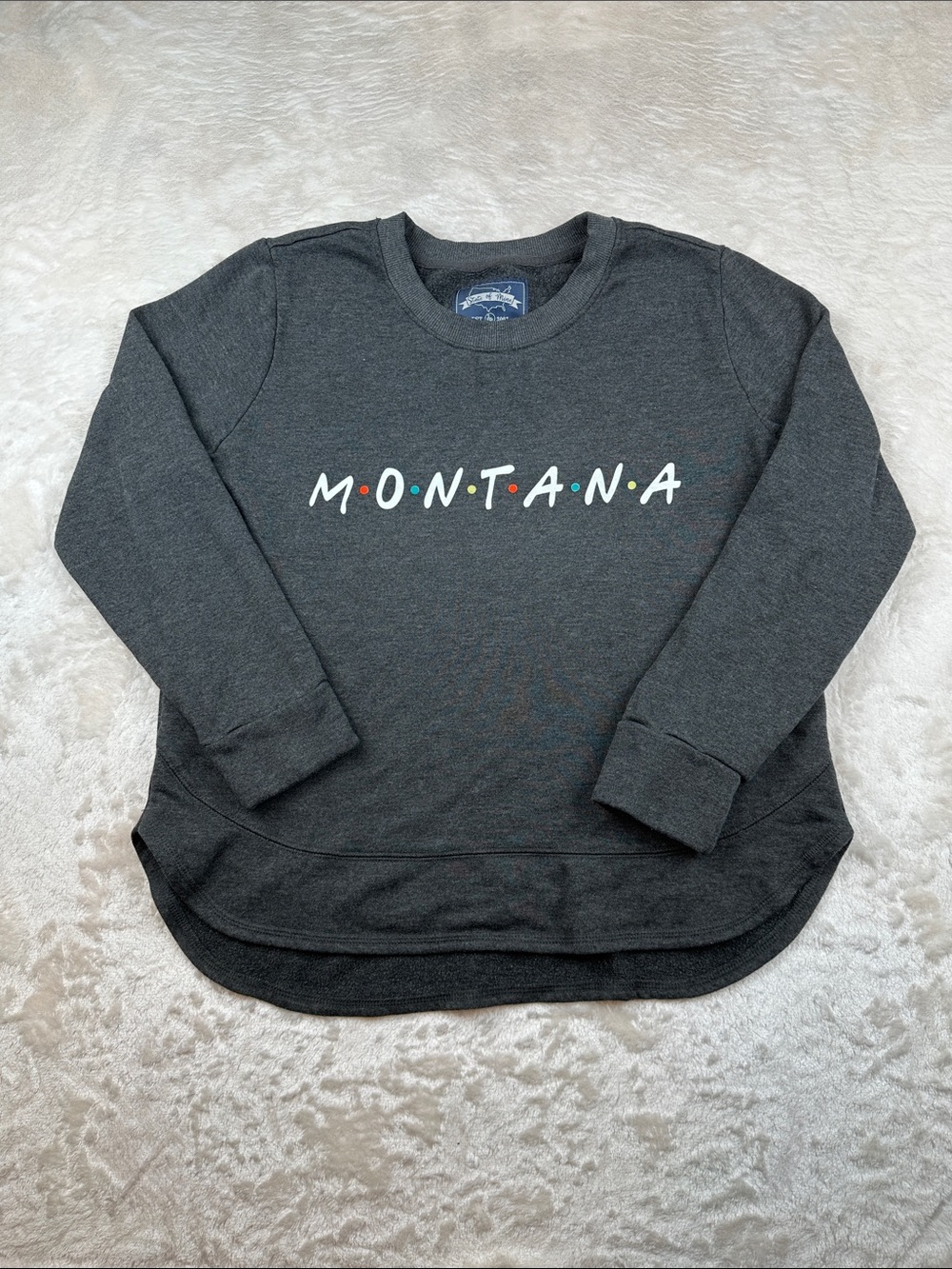 State of Mine Size M Charcoal Crewneck with Montana Multicolor Dot Details